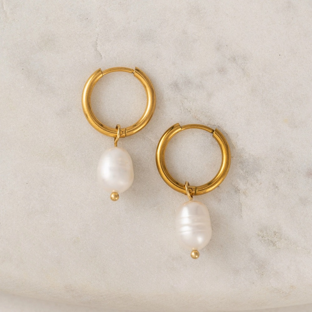 Oceane Pearl Hoop Drop Earrings in Gold | Sunday Sparks Clothing Co.